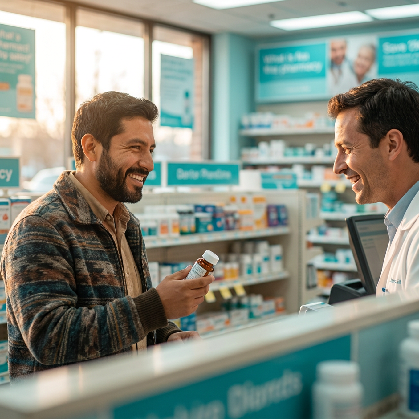 Persona en una farmacia en Estados Unidos, accediendo a descuentos gracias a su seguro de viaje