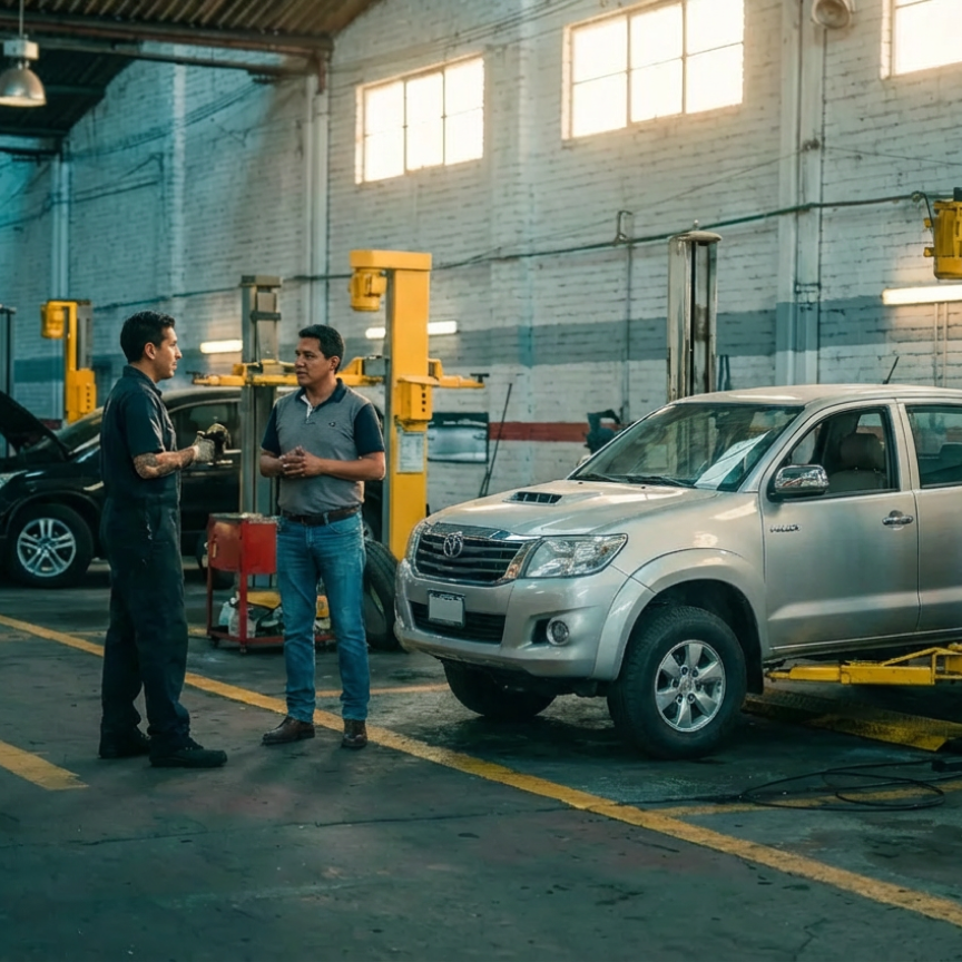 Mantenimiento vehicular en taller automotriz con revisión de auto y servicio mecánico