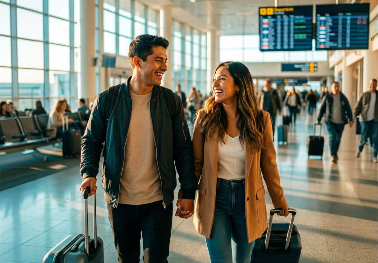 Pareja sonriendo mientras camina con su equipaje en el aeropuerto, protegida por su seguro de viaje