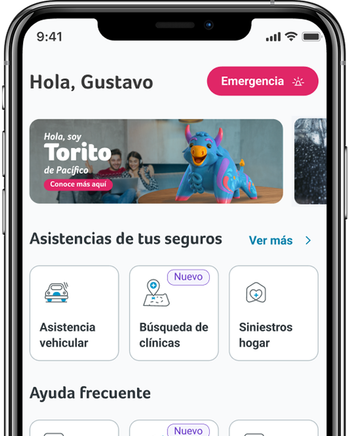 Pantalla de la app Mi Espacio Pacífico con asistencias, pagos y siniestros, junto a código QR para descargarla.